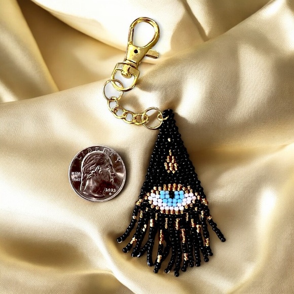 Evil Eye Bag Charm with Hand Beaded Glass Seed Beads and Gold Toned Clasp - Picture 17 of 17